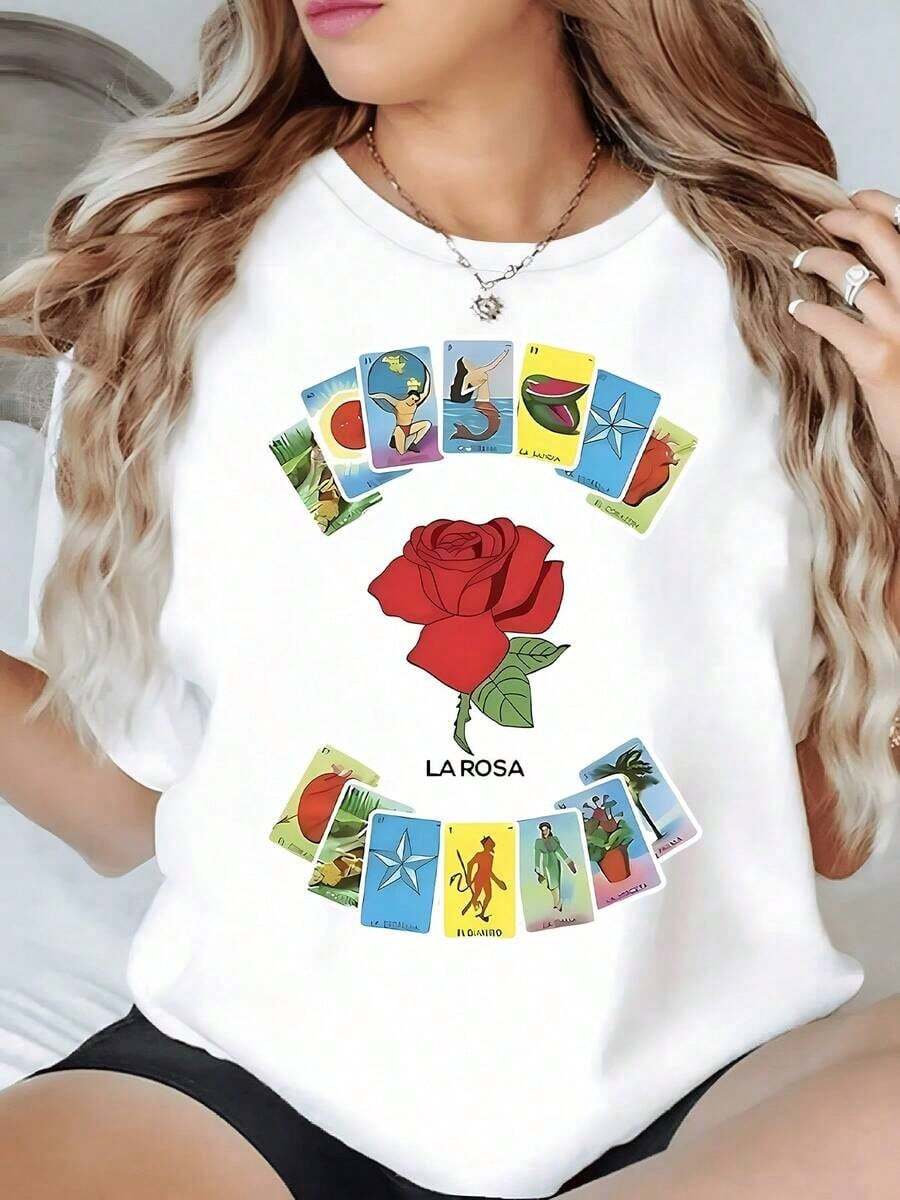 Fashion Printed T-Shirts For Women, Oversized Streetwear Tops, Comfortable And Stylish All-Match Summer Tees. Red Rose Surrounded By Traditional Mexican Lottery Cards That Evoke Folk Culture And Iconic Symbols. Women's T-Shirt, 220g Cotton. - 白色 - 查看 1