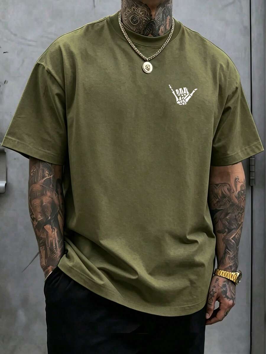 Plus Size Men's Minimalist Hand Print Short Sleeve T-Shirt - Army Green - View 1