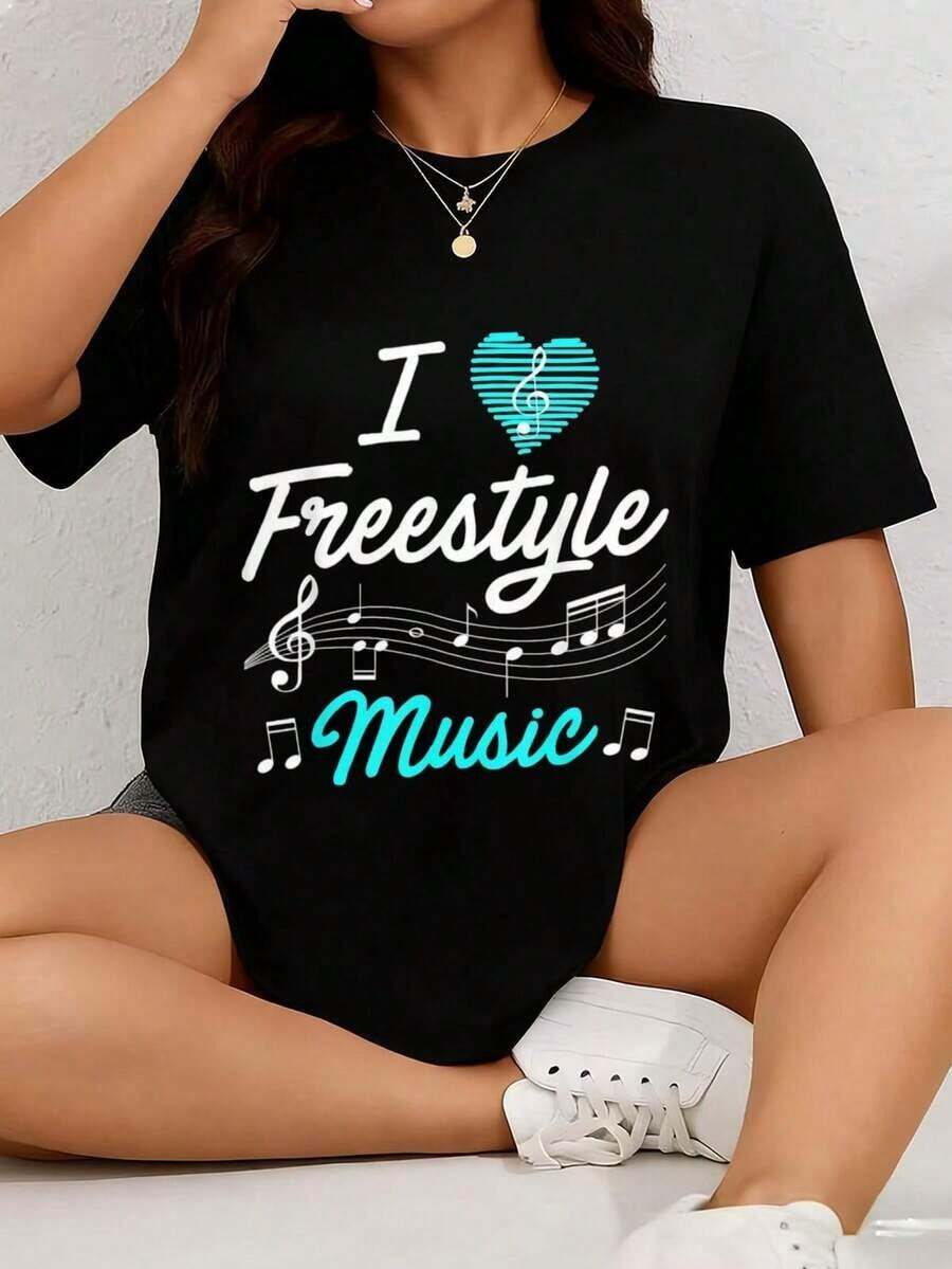 Camiseta con Estampado Musical "I Love Freestyle", Camiseta de Manga Corta para Mujer, Ropa de Verano - Negro - Ver 1