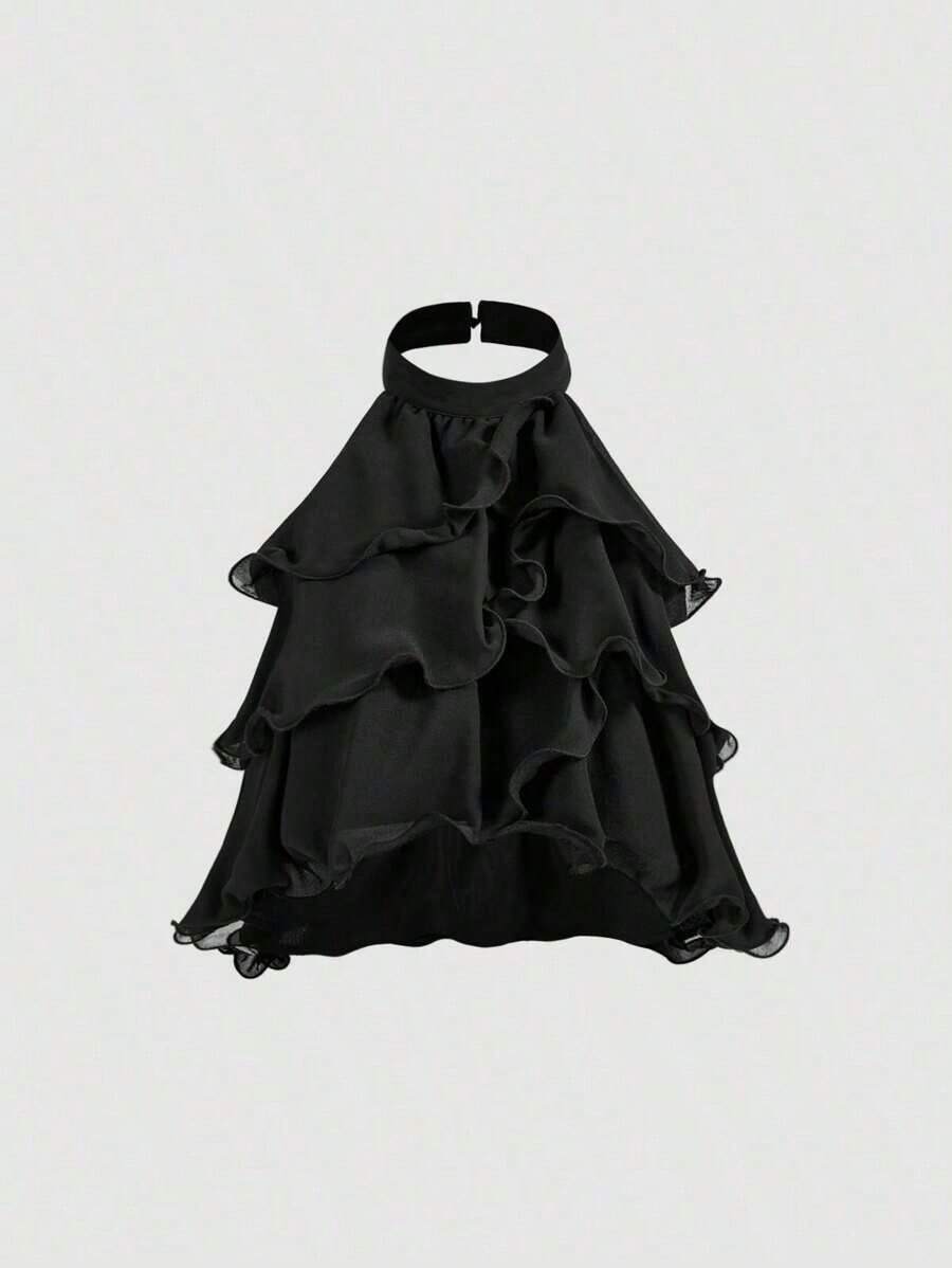 Top corto elegante de múltiples capas con volantes en azul marino, top para Año Nuevo, top de fiesta, top minimalista casual de mujer con botones frontales y tirantes anchos para uso diario, look vintage para el Día de San Valentín - Negro - Ver 1