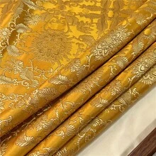 亮丽的金黄色提花面料，传统花卉提花图案，精致的牡丹叶纹织造设计，奢华的金色锦缎面料，高密度耐用提花，光滑缎面质感，适用于服装制作、窗帘、家居装饰、DIY缝纫项目和服饰制作。 - 1 - 查看 10