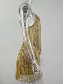 Fitted Multi-Layered Sequined And Fringed Strapless Evening Dress - Gold - View 6
