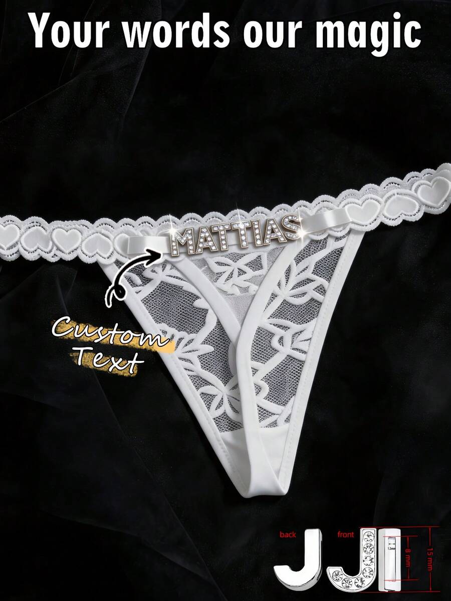 客製化姓名 T-Back 內褲,女性性感蕾絲內衣,個性化水鑽字母 T-Back 內褲,浪漫女友/妻子生日/情人節禮物,情趣內衣 - 白色 - 查看 1