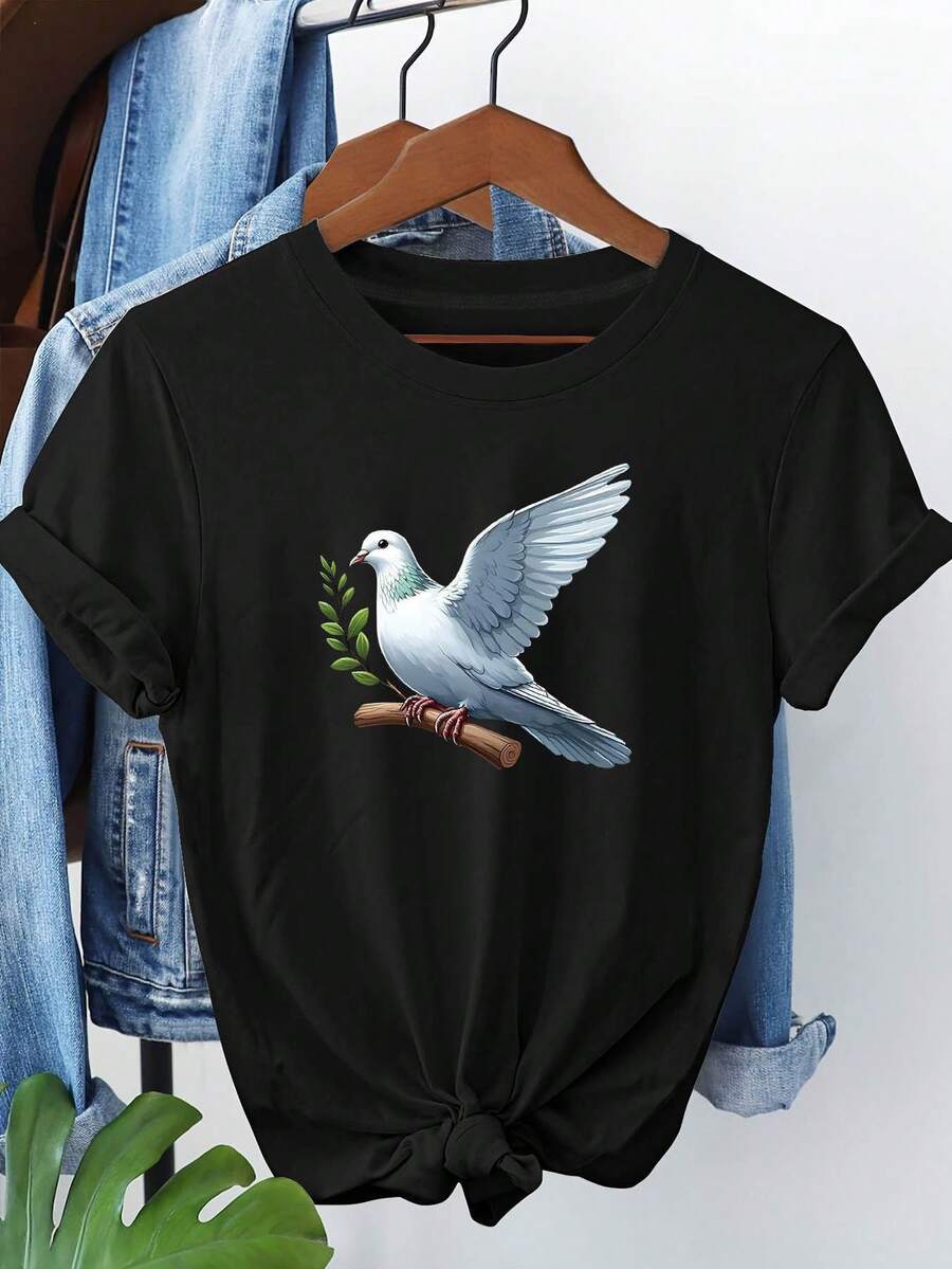 Talla Grande, Camiseta de Mujer con Estampado de Palomas - Blusa de Manga Corta con Cuello Redondo, Adecuada para Primavera y Verano, Atuendo Casual con Estampado de Palomas, Ideal para Combinar con Otras Prendas, Lavable a Máquina, para Viajes Diarios, Sesiones de Fotos, Ropa para el Cuidado Personal. - Negro - Ver 1