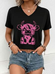 Casual T-Shirt New Women's Short Sleeve V-Neck T-Shirt For Spring And Summer, With A Stylish Printed Design, Made Of Soft And Comfortable Fabric, Easy Care And Machine Washable, Perfect For Outings And Home Wear During Spring And Summer 100% Cotton Durable - 黑色 - 查看 2