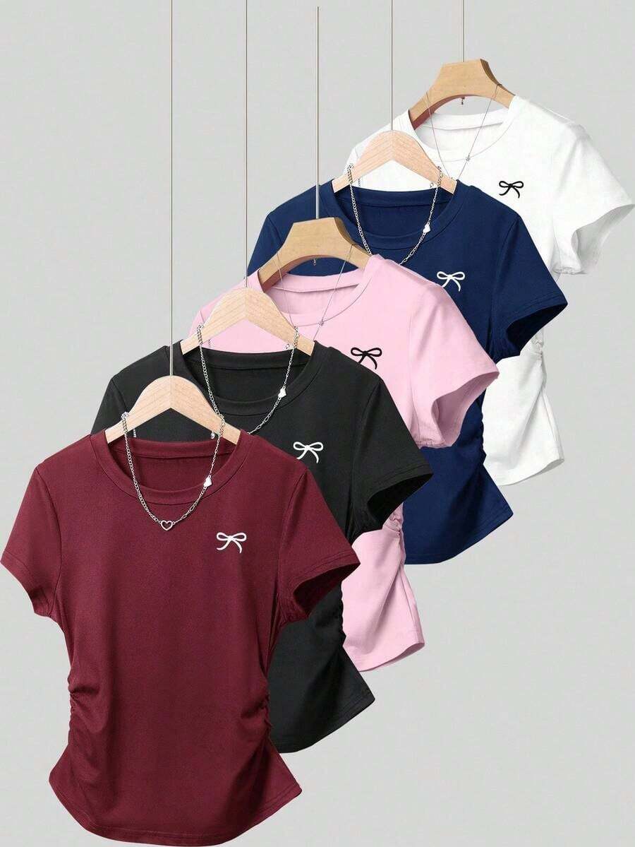 Camiseta ajustada con estampado de lazo para mujer, estilo versátil y elegante para el verano, vuelta al colegio, uso diario, fiesta, cita, que atrae mucha atención - Multicolor 5 - Ver 1