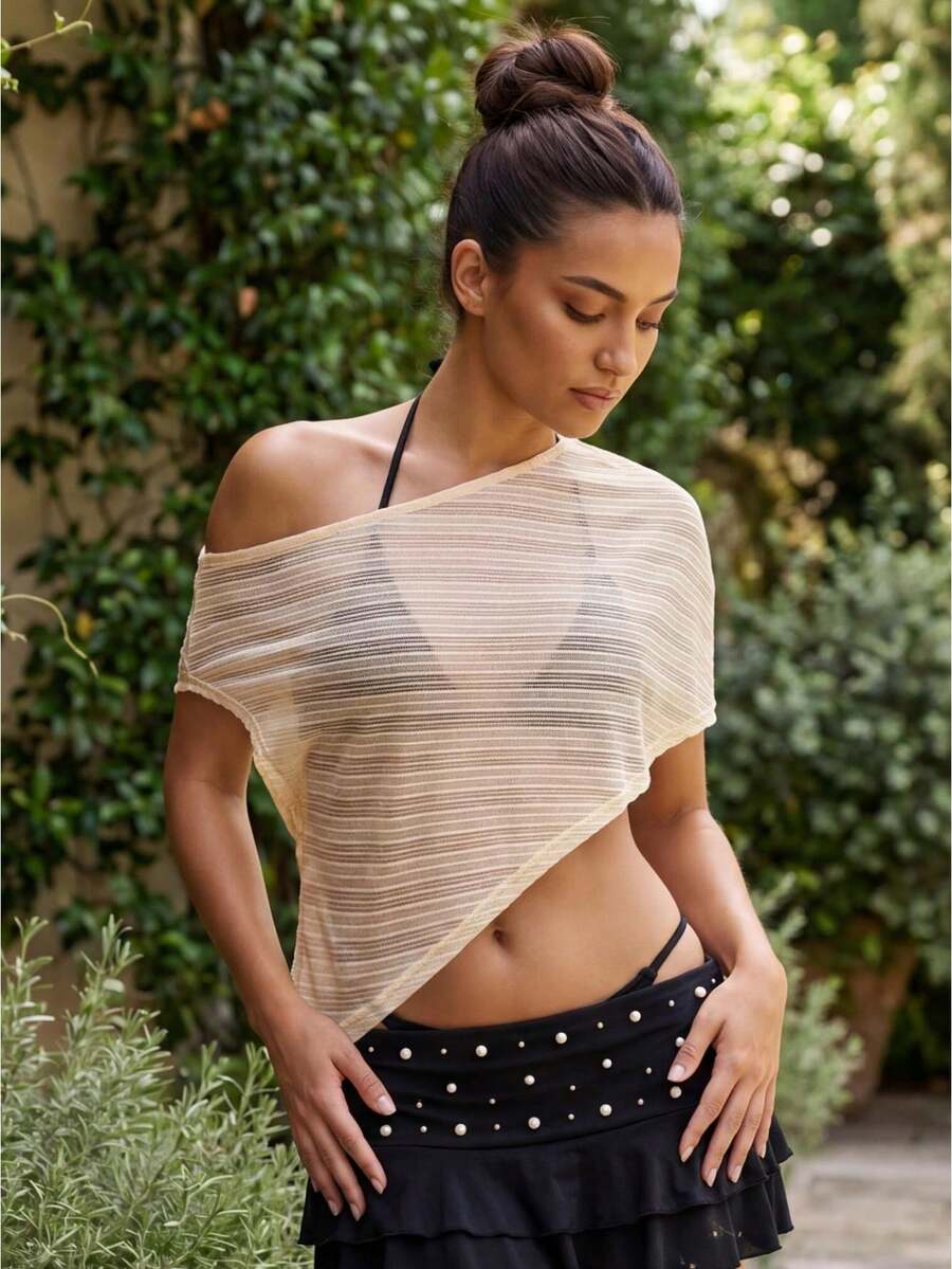 Womens Summer Knit Sheer Poncho Lightweight Asymmetric Off One Shoulder Pullover Crop Tops - 杏色 - 查看 1