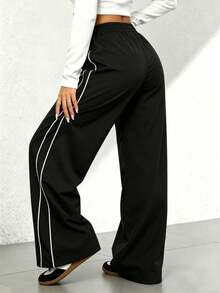 Pantalones casuales de pierna ancha con cordón en contraste y ribeteamionto - Negro - Ver 2