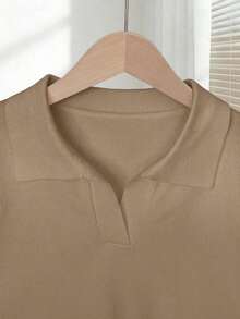 New 2026 Collection: Women's Solid Color Fitted Knit Blouse, Spring/Summer, White, Simple, Casual, With Roll Neck And Raglan Short Sleeves. Solid Color Blouses, Pink Blouses, Baby Pink Blouses. - 摩卡棕 - 查看 3