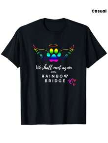 Rainbow Bridge Commemorative Pet T-Shirt - Rainbow Bridge Poem And Paw Print Angel Dog Design - Unisex Casual T-Shirt (Sizes S-XXXL) - 100% Cotton Black T-Shirt For Bereaved Pet Owners - 黑色 - 查看 2