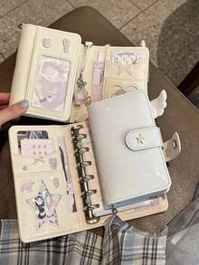 Carpeta M5 de hojas sueltas de colores, mini cuaderno, libro de pegatinas, carpeta M5 de cuero patentado, libro de almacenamiento de pegatinas, 1 ranura para recibos, 2 ranuras para tarjetas, 2 ventanas transparentes, adecuado para álbum de fotos, álbum hecho a mano, libro de pegatinas, útiles escolares - M5 - Ver 1