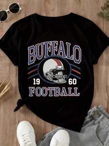 Camiseta de diseño de casco de fútbol americano Buffalo de 1960 para mujer, corte holgado informal, blanca, ropa deportiva de equipo. - Negro - Ver 3