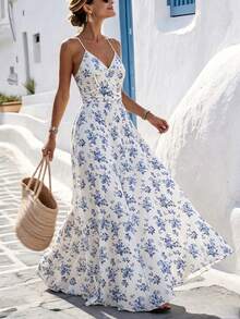 Damen lässig Elegant Blümchen Maxikleid, Boho-Stil, geeignet für Strandurlaub und tägliche Dates, Sommer - Blau - Übersicht 3