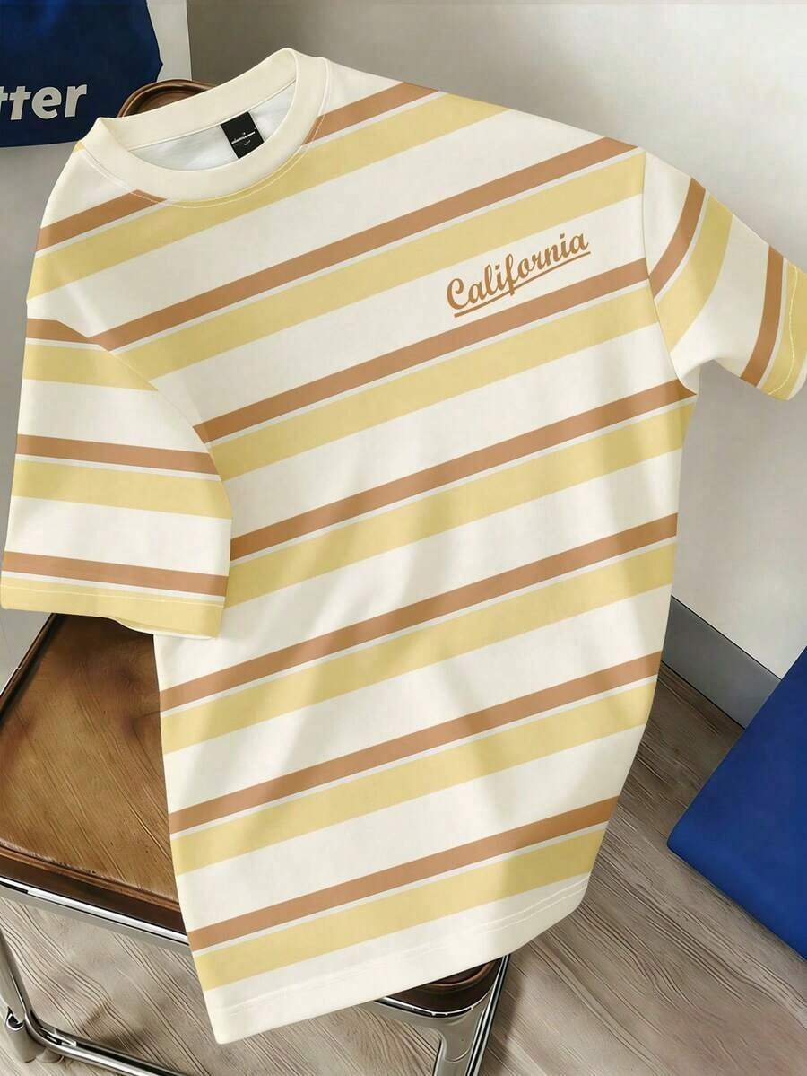 Minimalist Blue Striped Casual T-Shirt, Suitable For School, Going Out, Simple And Versatile, Summer Style - 黃色 - 查看 1