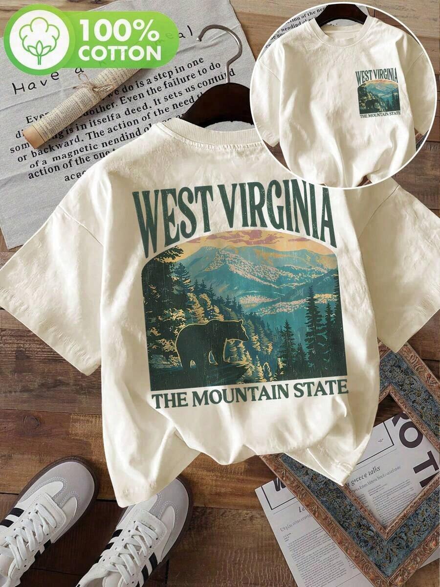 Gift Women's Double-Sided Print Blouses, Women's Casual Summer Top, Vintage Style, West Virginia The Mountain And Bear Print, Crew Neck, Short Sleeve, Size L, Gym Y2K, Crew Neck, 100% Cotton, Soft Fabric, Short Sleeve. Soft - 杏 - 查看 1