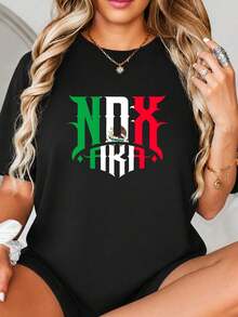 Diseño de impresión NOX FRA inspirado en el Fl-ag mexicano con Cr-est de águila, tipografía gótica verde, blanca y roja, arte gráfico temático nacional para decoración y pantallas con ventilador.jpgRegalos personalizados: Camisetas para mujer con estilos modernos, hippies, casuales y minimalistas. Ropa masculina personalizada única, armarios cápsula, ropa básica/urbana para hombre. Regalos ideales para novios, familiares y amigos, adecuados para cumpleaños, vacaciones, colegio/competiciones, deportes/escalada, etc., también adecuados para la moda de otoño y actividades urbanas. Verano negro. - Negro - Ver 2