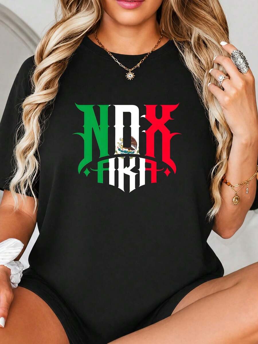 Diseño de impresión NOX FRA inspirado en el Fl-ag mexicano con Cr-est de águila, tipografía gótica verde, blanca y roja, arte gráfico temático nacional para decoración y pantallas con ventilador.jpgRegalos personalizados: Camisetas para mujer con estilos modernos, hippies, casuales y minimalistas. Ropa masculina personalizada única, armarios cápsula, ropa básica/urbana para hombre. Regalos ideales para novios, familiares y amigos, adecuados para cumpleaños, vacaciones, colegio/competiciones, deportes/escalada, etc., también adecuados para la moda de otoño y actividades urbanas. Verano negro.