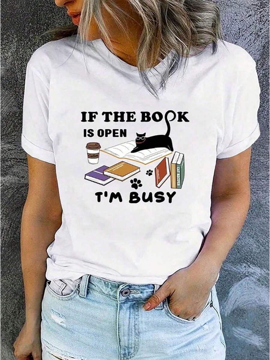 Camiseta casual de mujer con estampado de gato leyendo - Blanco - Ver 1