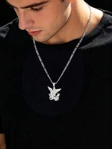 1pc St. Michael Archangel Rhinestone Pendant Necklace, Punk Hip Hop Style Religious Amulet Jewelry For Men Perfect Daily, Party Accessory - Silver Angel - View 2