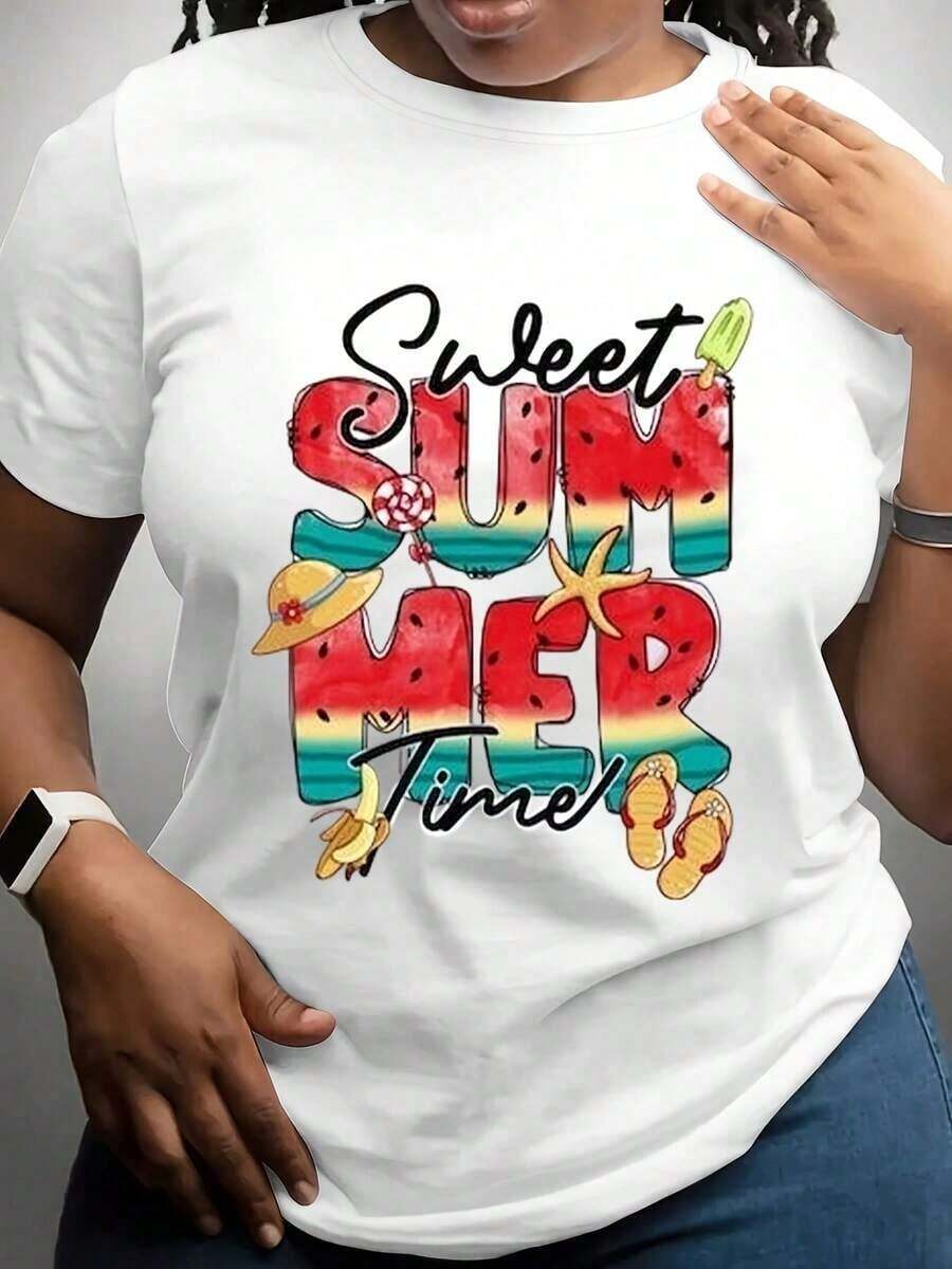 Camiseta de Verano Dulce con Estampado de Sandía y Arcoíris, Ropa de Playa para Mujer, Atuendo Casual de Verano 220g - Blanco - Ver 1