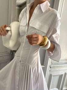 Vestido camisero blanco plisado, cuello solapa, manga larga, cintura alta, botones simples, estilo elegante largo - Blanco - Ver 4