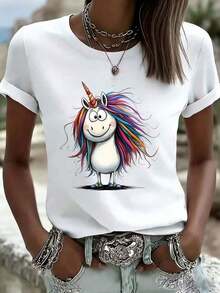 Camiseta de Mujer con Estampado de Unicornio Arcoíris, Blanca, Manga Corta, Estilo Casual, Camisa de Moda - Blanco - Ver 7