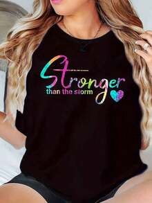 Camiseta de Cuello Redondo para Mujer, Más Fuerte que la Tormenta, Estampado de Arcoíris, Camiseta Gráfica Casual de Verano, 220g - Negro - Ver 6