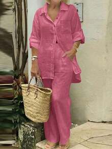 Cardigan casual con cuello polo ligero, blusa elegante de unicolor versátil adecuada para la playa, el diario, el trabajo, las compras, de tela suave, pantalones sueltos con cintura elástica, conjunto de 2 piezas, primavera/verano/otoño - Rosa Fucsia - Ver 4