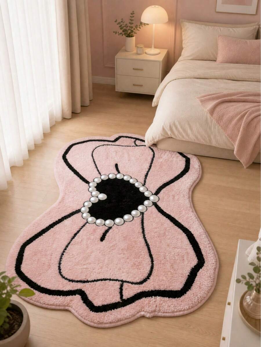 1pc Pink Heart Pearl Bow Area Rug, Thickened Carpet, Decorative Rug, Bedroom Decor, Small Rug, Carpet, Home Decor, Living Room Carpet, Small Living Room Rug, Bedroom Rug, Living Room Home Decor, Outdoor Rug, Washable Rug, Graduation Gift - Multicolor - View 1