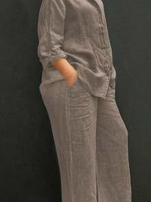 Cardigan casual con cuello polo ligero, blusa elegante de unicolor versátil adecuada para la playa, el diario, el trabajo, las compras, de tela suave, pantalones sueltos con cintura elástica, conjunto de 2 piezas, primavera/verano/otoño - Marrón - Ver 1