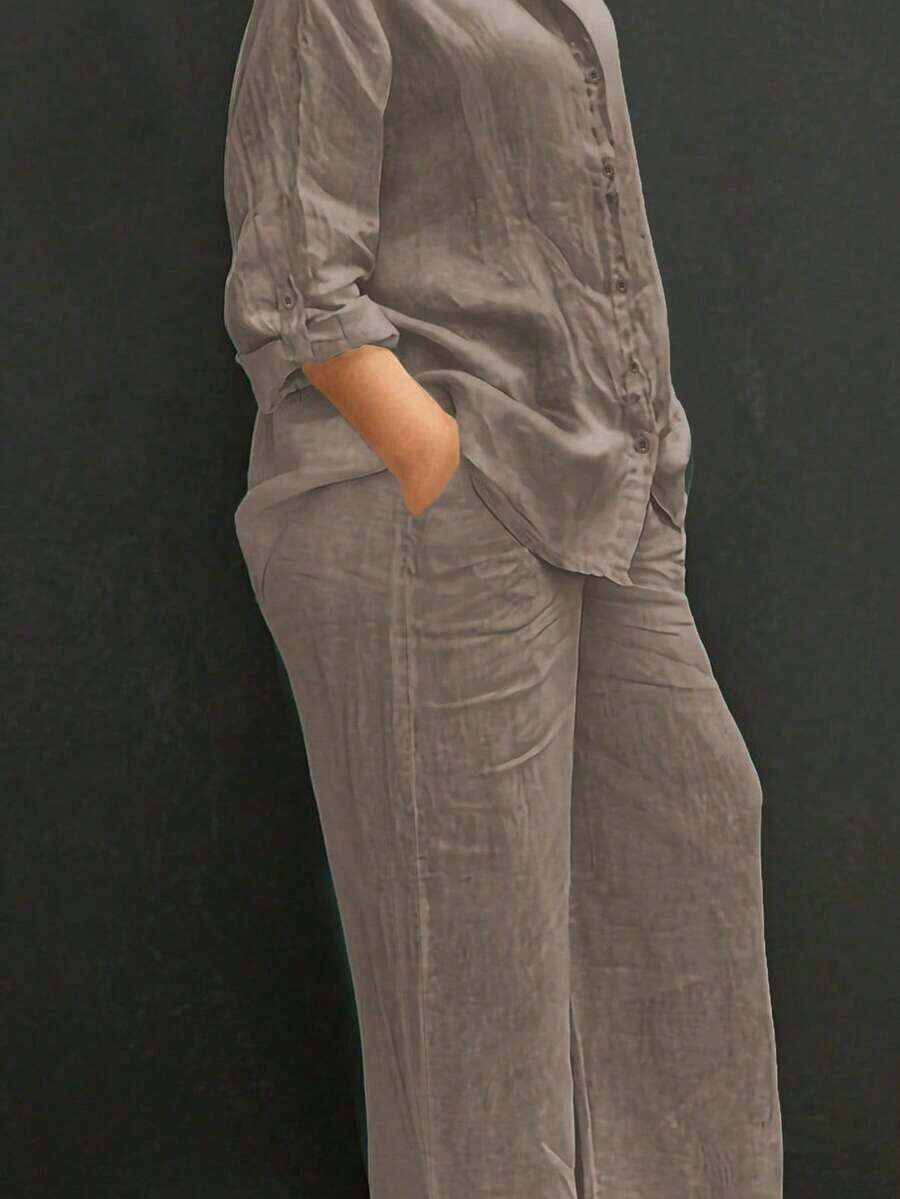 Cardigan casual con cuello polo ligero, blusa elegante de unicolor versátil adecuada para la playa, el diario, el trabajo, las compras, de tela suave, pantalones sueltos con cintura elástica, conjunto de 2 piezas, primavera/verano/otoño - Marrón - Ver 1
