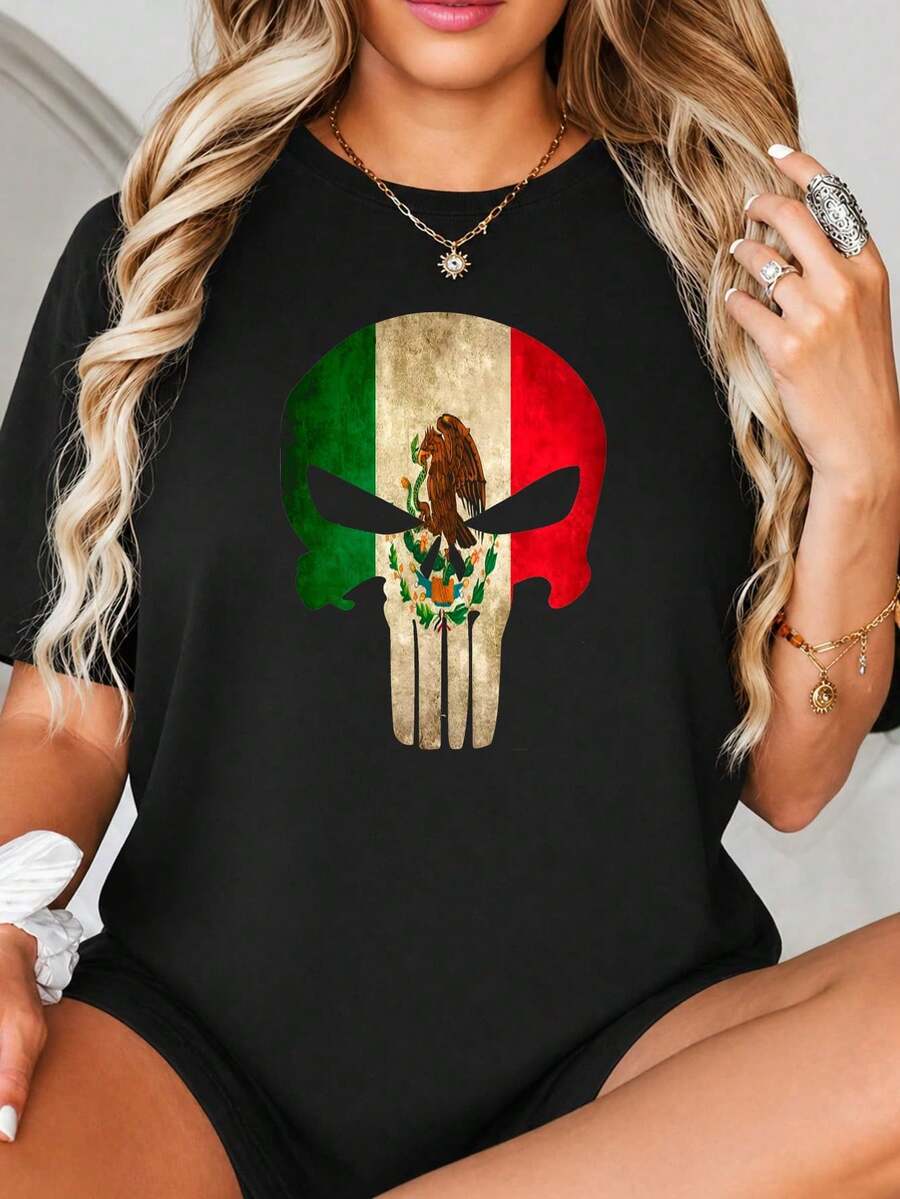 Diseño de impresión gráfica de cráneo con Fl-ag mexicano y Cr-est de águila, Estilo de arte Grunge angustiado, Verde, Blanco y Rojo, para Decoración de Paredes o Stickers.jpgRegalos personalizados: Camisetas para mujer con estilos modernos, hippies, casuales y minimalistas. Ropa masculina personalizada única, armarios cápsula, ropa básica/urbana para hombre. Regalos ideales para novios, familiares y amigos, adecuados para cumpleaños, vacaciones, colegio/competiciones, deportes/escalada, etc., también adecuados para la moda de otoño y actividades urbanas. Verano negro.