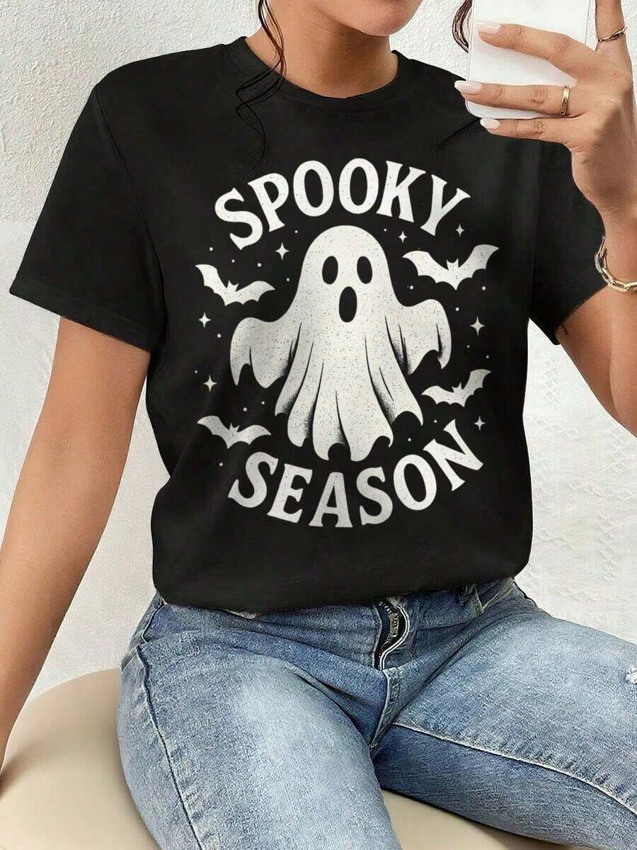 And Women's T-Shirt, Fun Halloween, Spooky Season Graphic Tee - Gothic Letter And Bat Print, White With Black Letters, Short Sleeve Crew Neck - All-Over Print For Halloween And Day Of The Dead Costumes, Dance Parties, Theme Events - Dancing Skeletons And Ghosts Design, Machine Washable, Adult Sizes, Halloween T-Shirts For Women, Men's T-Shirt, Women's Tops And Sweatshirts, Y2k T-Shirt Shirt - 黑色 - 查看 1