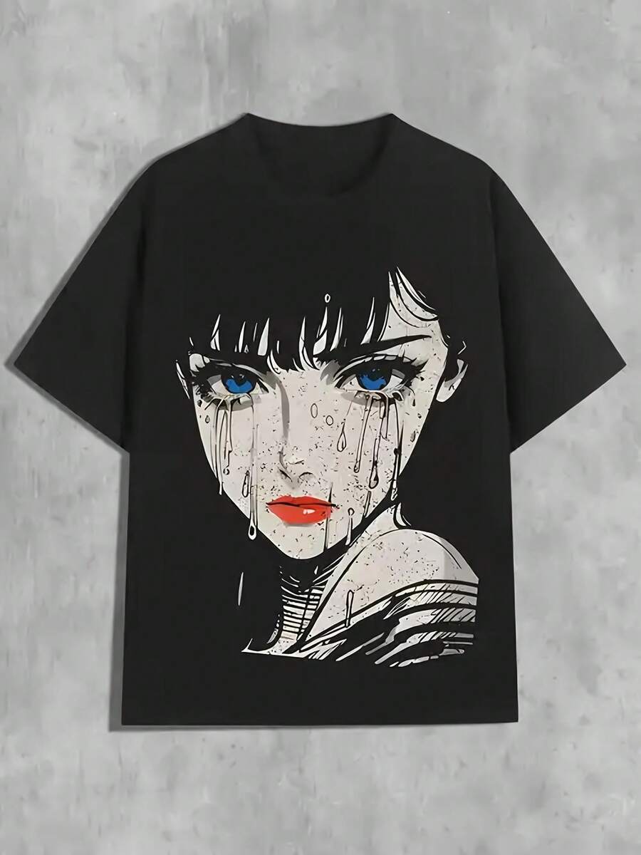 Nueva camiseta unisex de anime con estampado de gota de lágrima para mujer, suave y agradable al tacto, adecuada para todas las estaciones, ropa casual básica de estilo urbano, versátil para todas las estaciones, asequible para el uso diario, un regalo perfecto para fans y amigos. - Negro - Ver 1