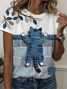 Camiseta manga corta cuello redondo 100% algodón, estampado trendy, tejido ligero y ventilado, estilo moda casual, apta para vida diaria, salidas informales y citas en primavera, verano y otoño - Azul marino - Ver 1