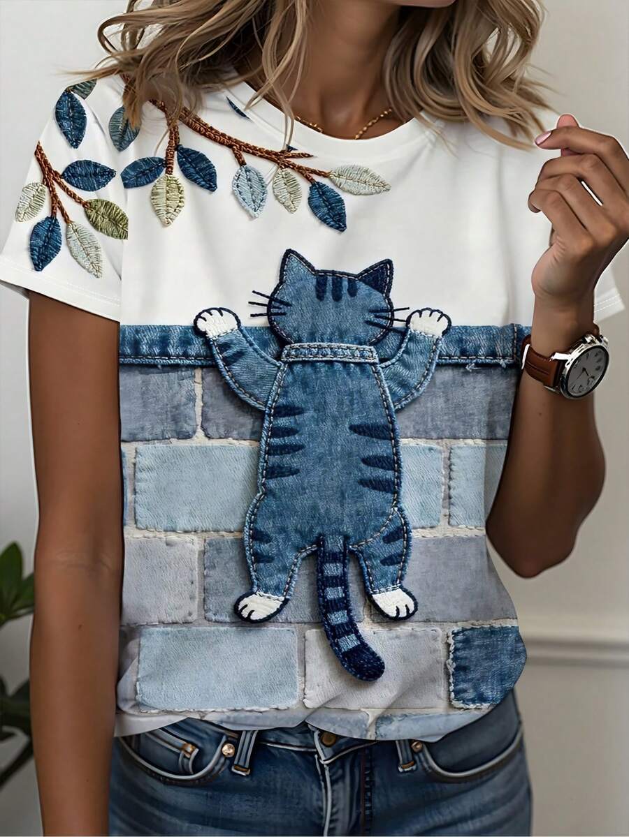 Camiseta manga corta cuello redondo 100% algodón, estampado trendy, tejido ligero y ventilado, estilo moda casual, apta para vida diaria, salidas informales y citas en primavera, verano y otoño - Azul marino - Ver 1
