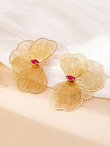 1 paire de boucles d'oreilles vintage élégantes avec cristaux incrustés et motif floral ajouré pour femmes, convient pour les cadeaux, les fêtes, les banquets et le port quotidien - Or jaune - Voir 6