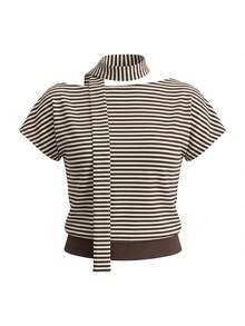 Women's Striped Off-Shoulder Cropped Top | Lace-Up High Neck Design - Multicolor - View 8