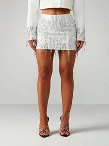 Minifalda con lentejuelas y flecos, pieza de declaración glamorosa para fiestas y eventos - Champán - Ver 9