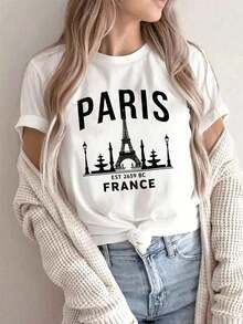 Women's Oversized T-Shirt With Retro Graphic Print Of The Eiffel Tower Of Paris, French Cityscape Design, Casual Daily Wear, Loose Fit, Machine Washable, Stylish Women's Top | Casual Everyday Top - 白色 - 查看 2