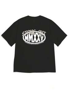 1 pieza Camiseta de manga corta de cuello redondo holgada unisex de 180g, 100% algodón puro transpirable y suave, estilo Y2K Bababask con estampado gráfico moderno, ideal para mujer y hombre, perfecta para uso diario, festivales, conciertos y todas las estaciones - Negro - Ver 1