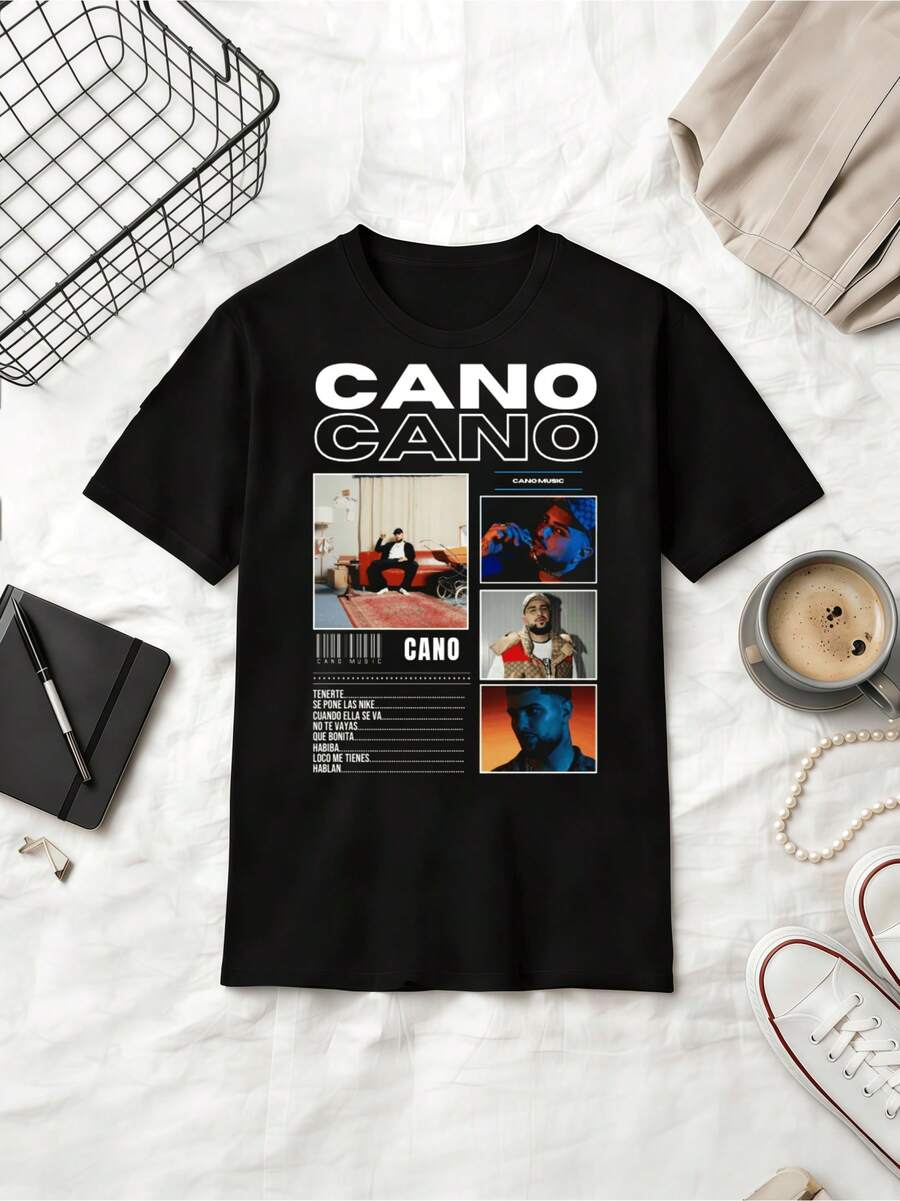 Spanish Rapper Cano American Magazine Retro Style Cotton T-Shirt - Black - View 1