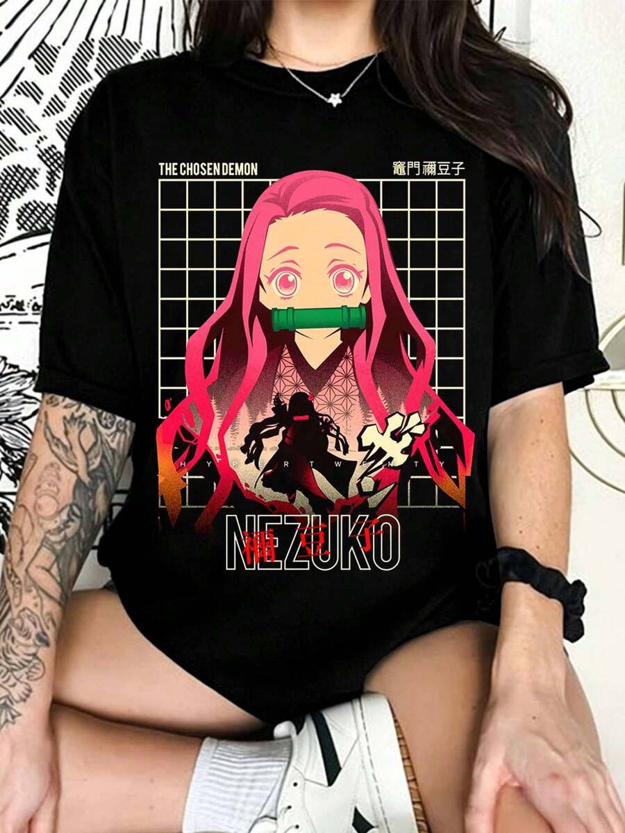 D-DemonSS S-SlayerS N-NezukoS Kamado Style Bootleg T-Shirt, Anime Graphic T-Shirt, Streetwear For Fans - Black - View 1