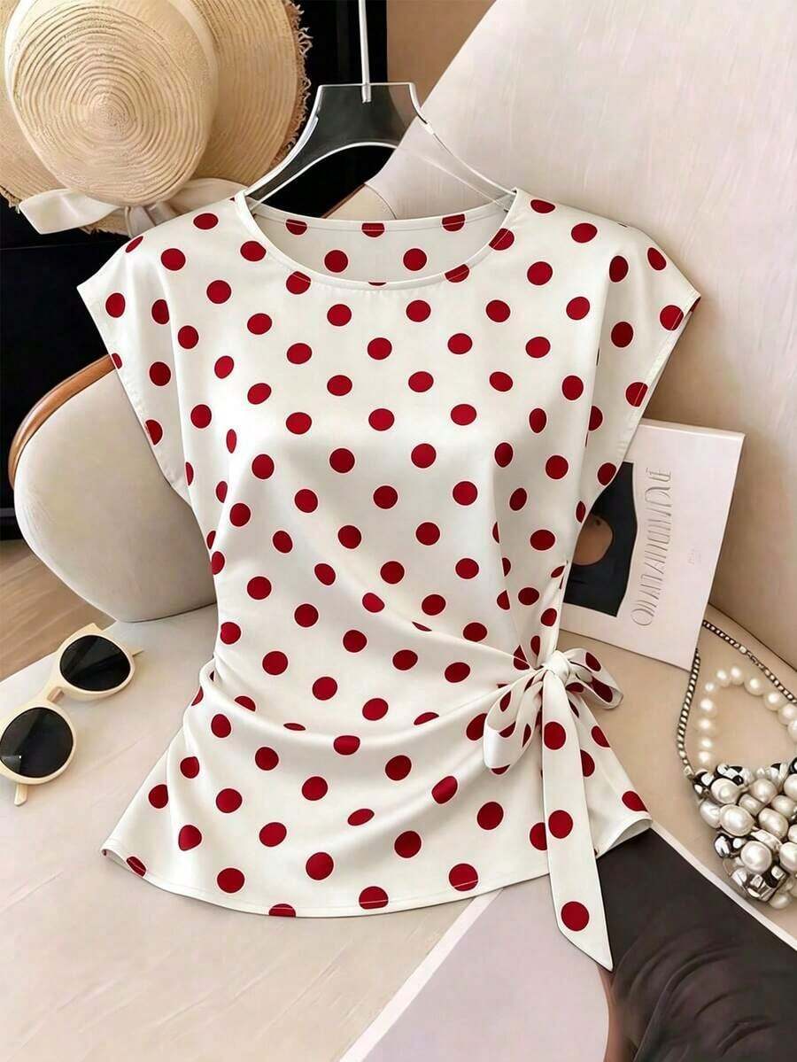 Nueva camiseta de satén de verano para mujer con cuello redondo y lunares elegante - Multicolor - Ver 1
