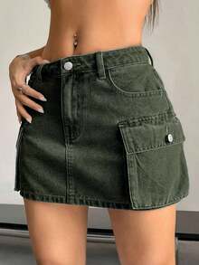 Falda vaquera de cargo de unicolor de verano para mujer - Verde militar - Ver 8