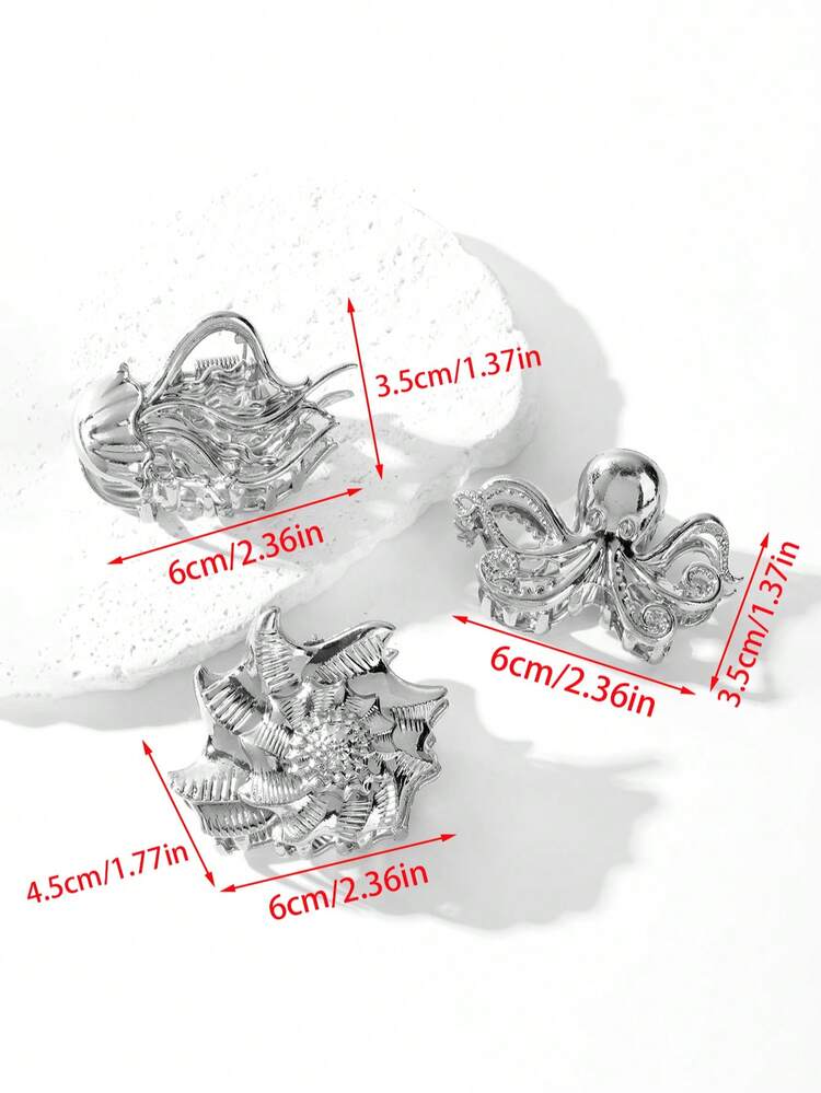 3 chiếc kẹp tóc kiểu Âu & Mỹ bằng hợp kim kim loại màu trơn hình vỏ sò và bạch tuộc cỡ vừa, kẹp tóc phong cách Bohemian, phụ kiện tóc, phù hợp với kiểu tóc của sinh viên đại học, cũng thích hợp cho trang phục ngày lễ. Kẹp tóc hình hoa, phụ kiện tóc mùa đông, kẹp tóc thời trang. - 3 cái màu bạc - Xem 1