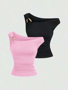 Set de 2 camisetas ajustadas con cuello asimétrico, versátil top casual, primavera/verano - Multicolor 13 - Ver 8