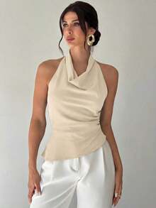 Camisa elegante de oficina para mujer, blusa asimétrica sin mangas con cuello halter y espalda descubierta, con botones decorativos ajustables, negra y entallada, para uso en la oficina.Ropa de primavera/verano, elegante y sexy. - Albaricoque - Ver 3