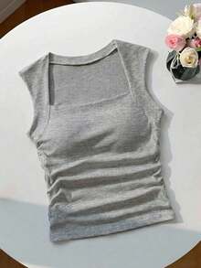 Camiseta sin tirantes con cuello cuadrado, cintura fruncida y sujetador acolchado sin aros - Gris Claro - Ver 9
