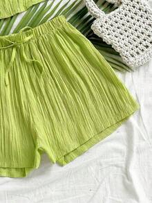 Conjunto de 2 piezas de camiseta sin mangas y pantalones cortos de unicolor casual para vacaciones de mujer - Verde - Ver 3